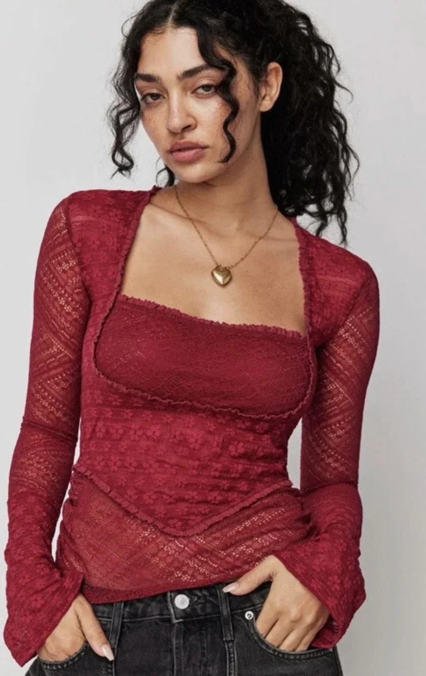 NEW FREE PEOPLE DARK RHUBARB MY PARTY LACE TOP SHIRT SZ L